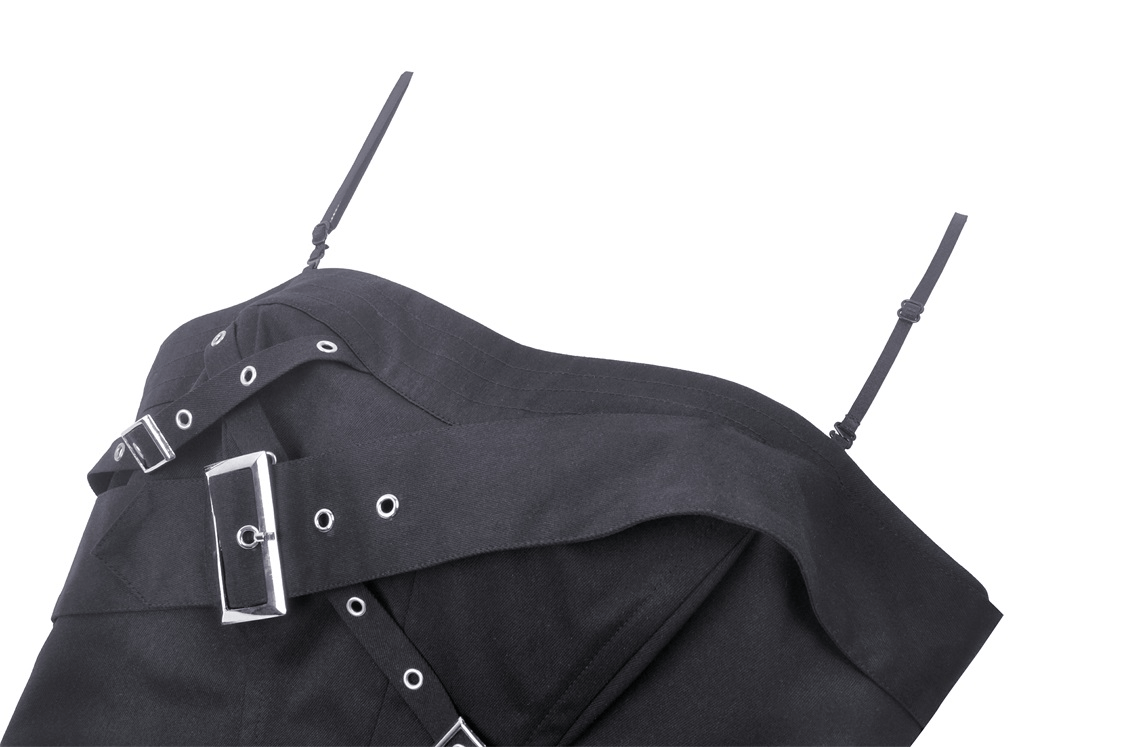 Edgy black corset top with adjustable straps and buckles for a sleek look.