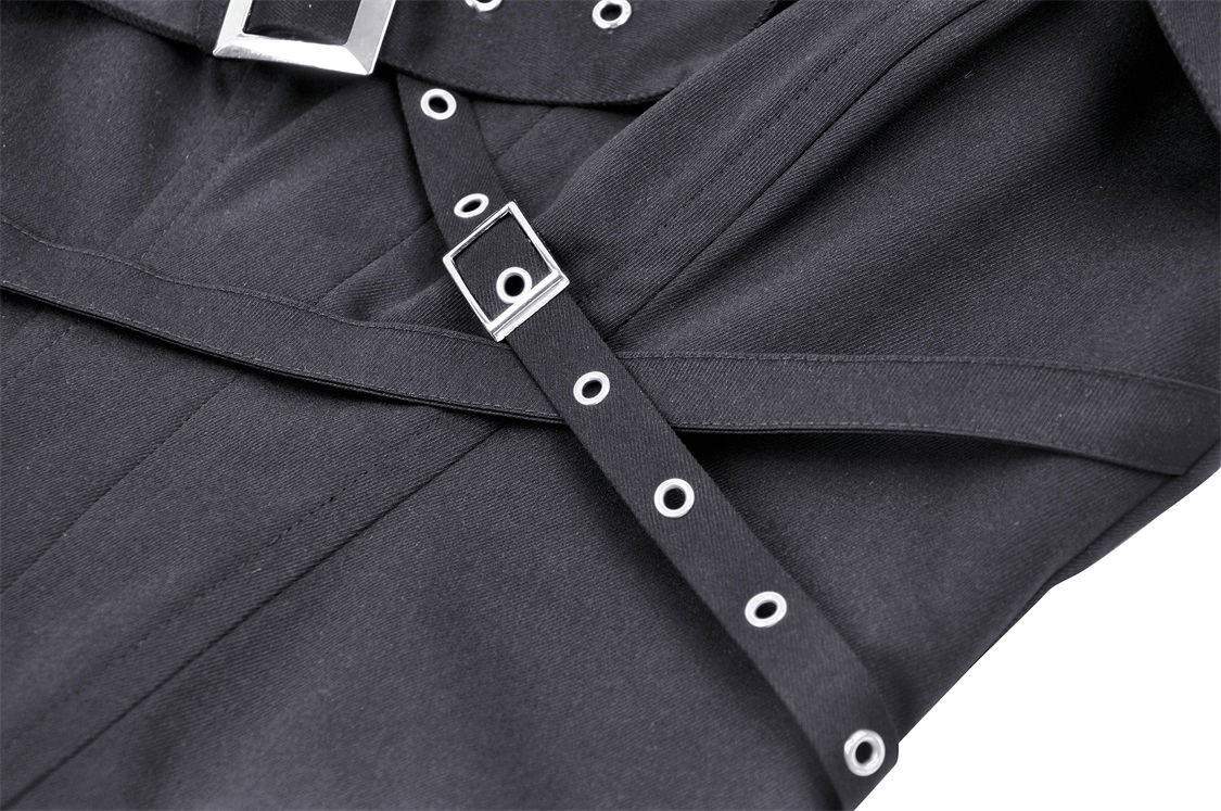 Close-up of edgy black corset featuring adjustable straps and stylish buckles for a modern look.