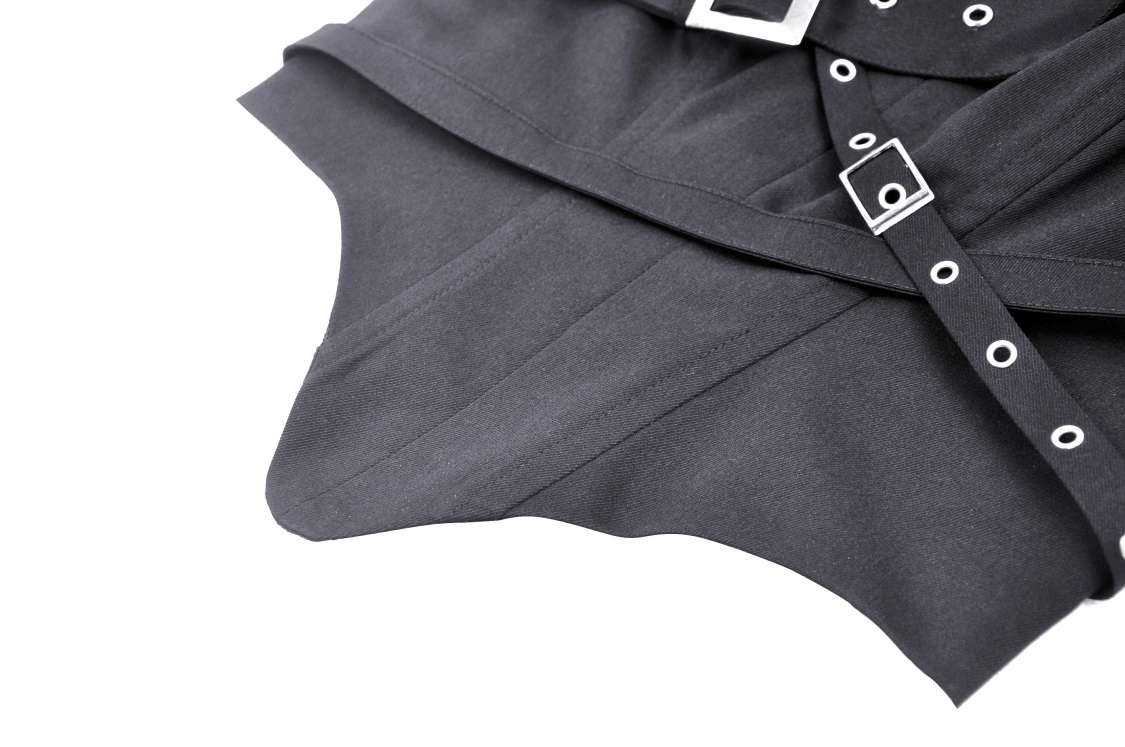 Close-up of edgy black corset top with stylish buckles and adjustable straps for a modern look.