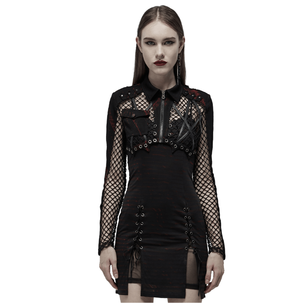 Edgy Punk Crop Top with Fishnet Sleeves and Leather Trim - HARD'N'HEAVY