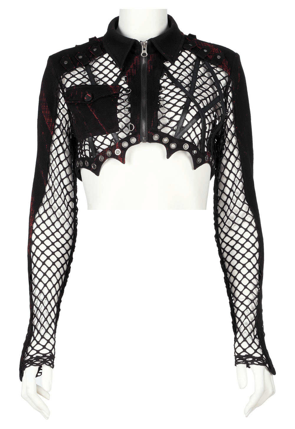 Edgy Punk Crop Top with Fishnet Sleeves and Leather Trim - HARD'N'HEAVY