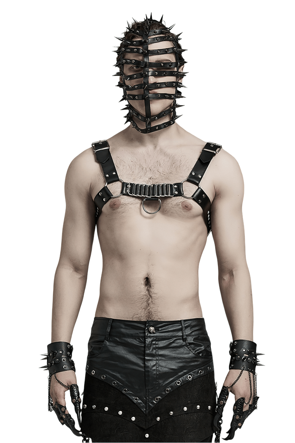 Edgy punk harness featuring spikes, roller loop, and adjustable straps for a bold rebellious style.