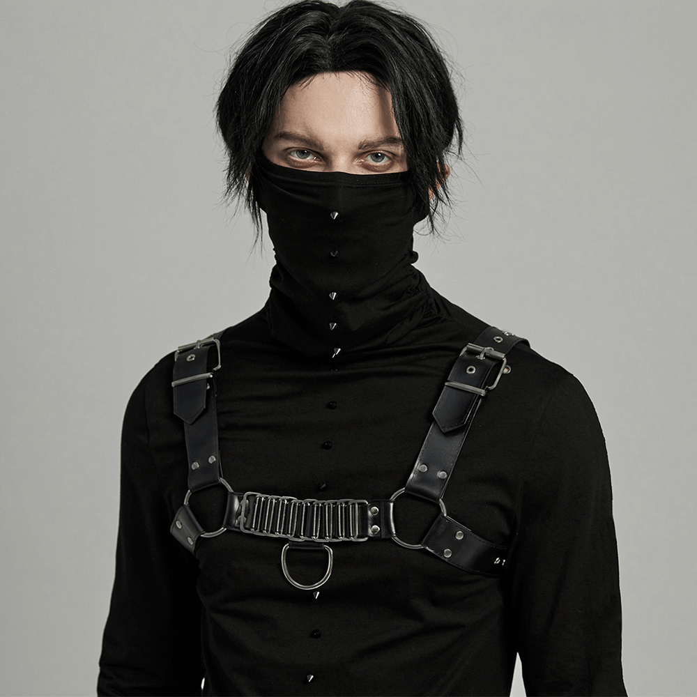 Edgy punk harness model with roller loop, showcasing bold style in black attire and mask.