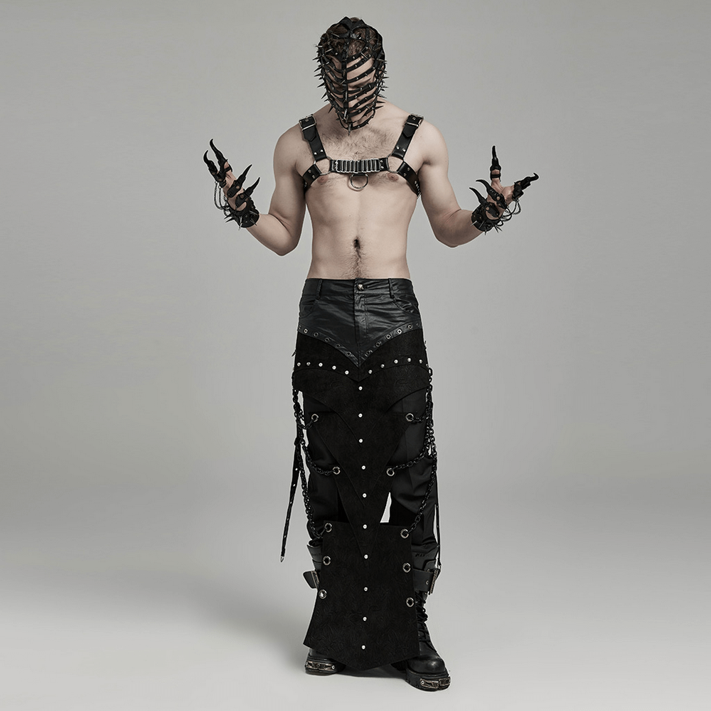 Edgy punk style featuring a man in a daring harness and leather skirt, showcasing bold rebellious fashion.