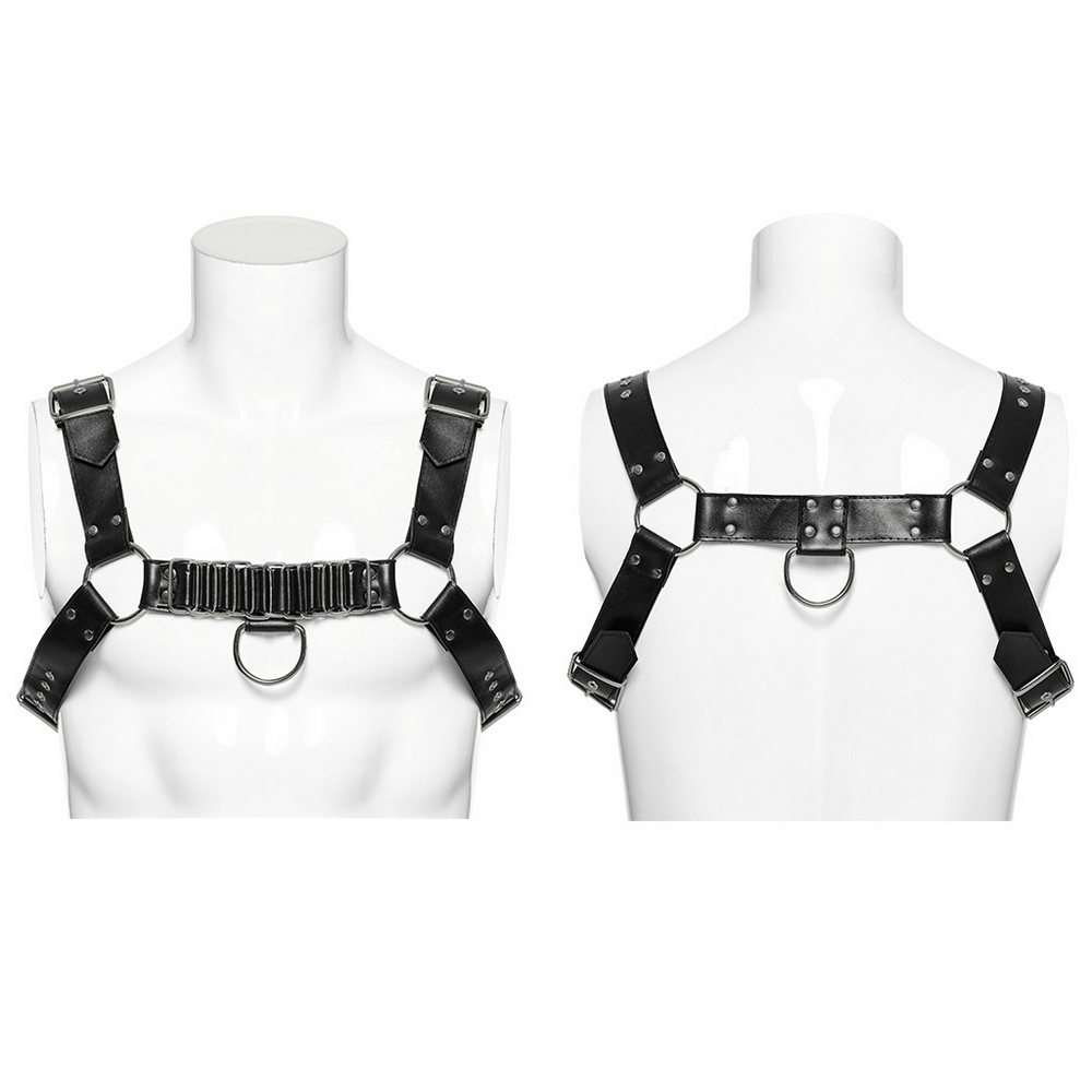 Edgy punk harness in PU leather with roller loop and adjustable straps for a bold rebellious style.