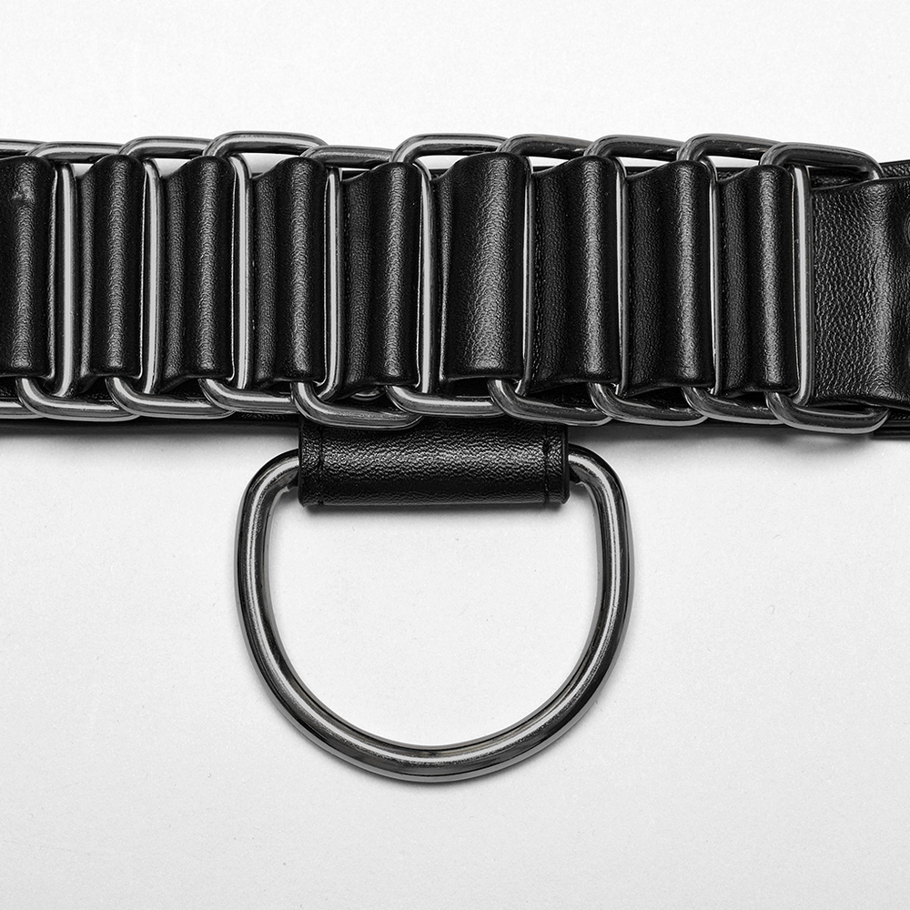 Close-up of edgy punk harness featuring roller loop and adjustable straps in sleek black PU leather.