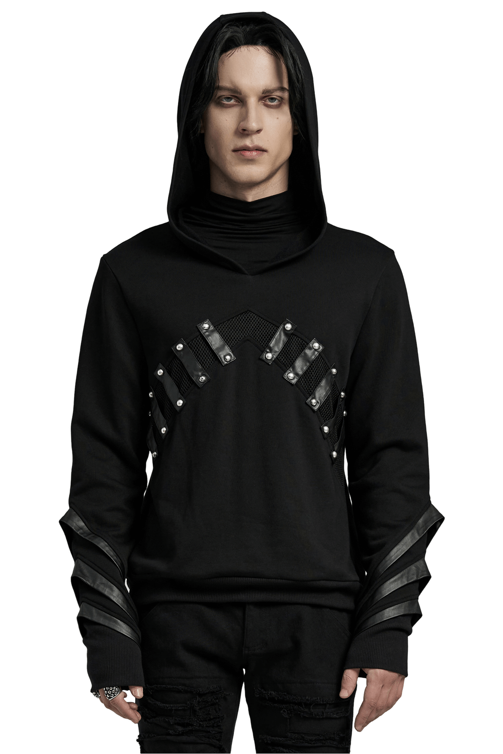 Edgy Punk Hoodie with PU Leather Details for Men