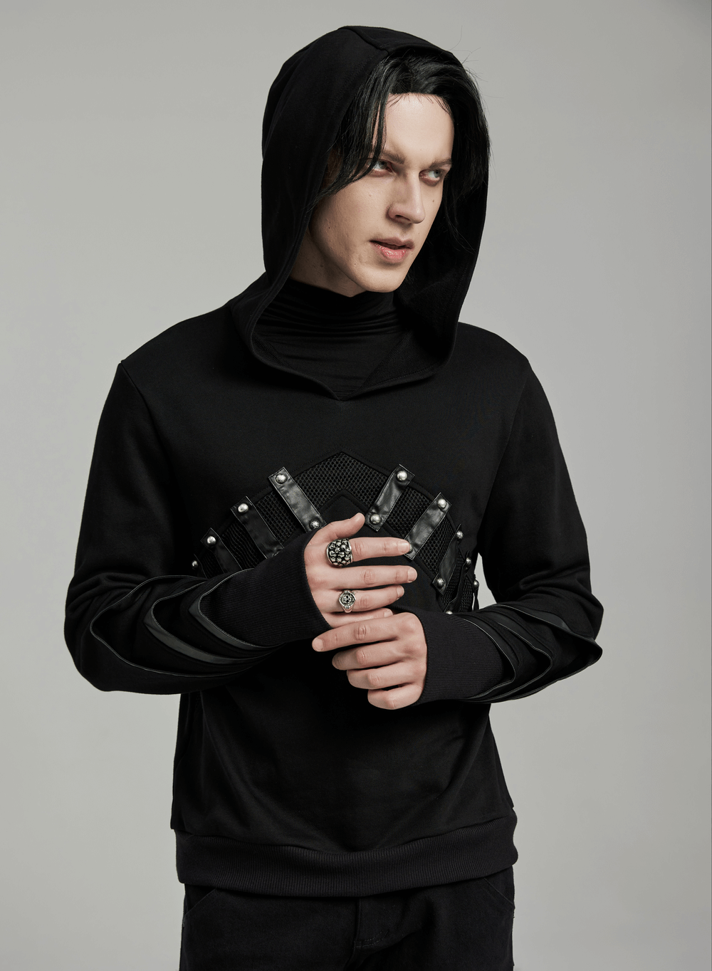 Edgy Punk Hoodie with PU Leather Details for Men