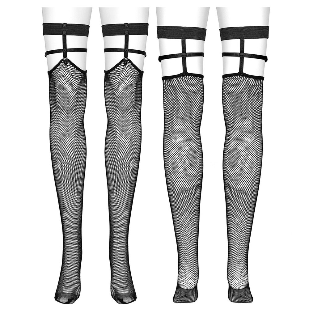 Edgy black knee-high fishnet socks with straps for punk style, perfect for bold fashion statements.