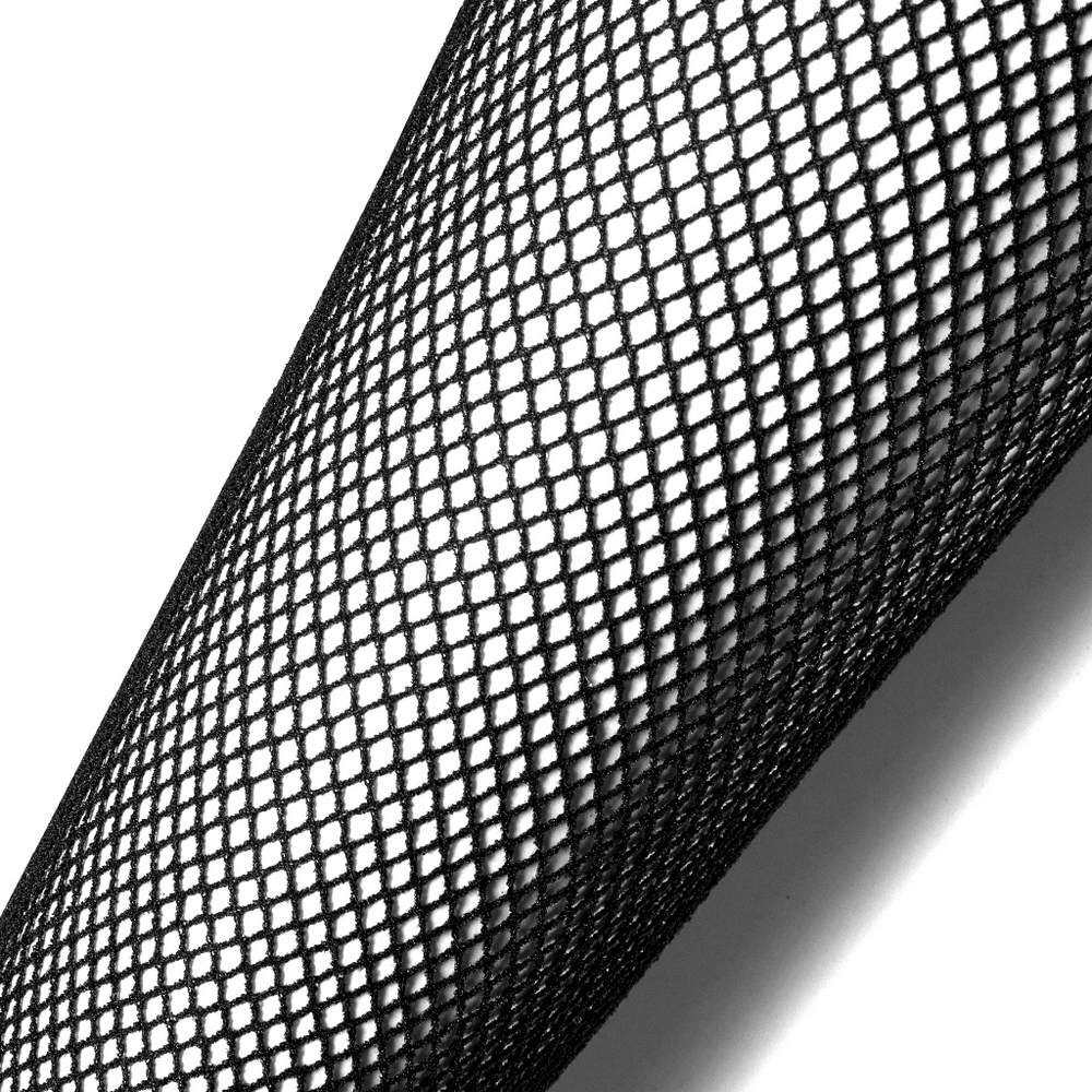 Close-up of edgy black fishnet fabric, perfect for punk-style knee-high socks with skull rivets.