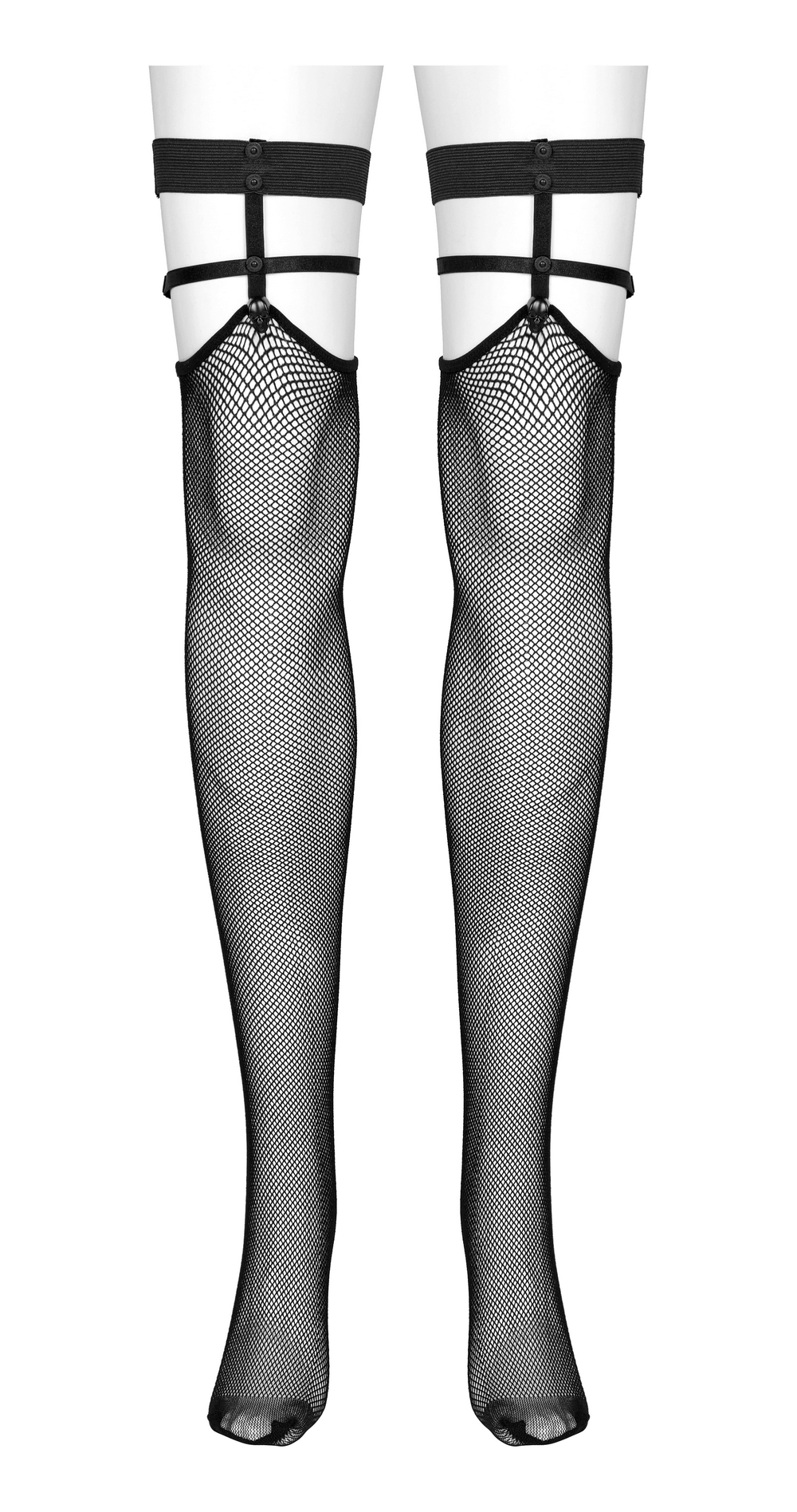 Edgy black knee-high fishnet socks with stylish suspenders for a bold punk look.
