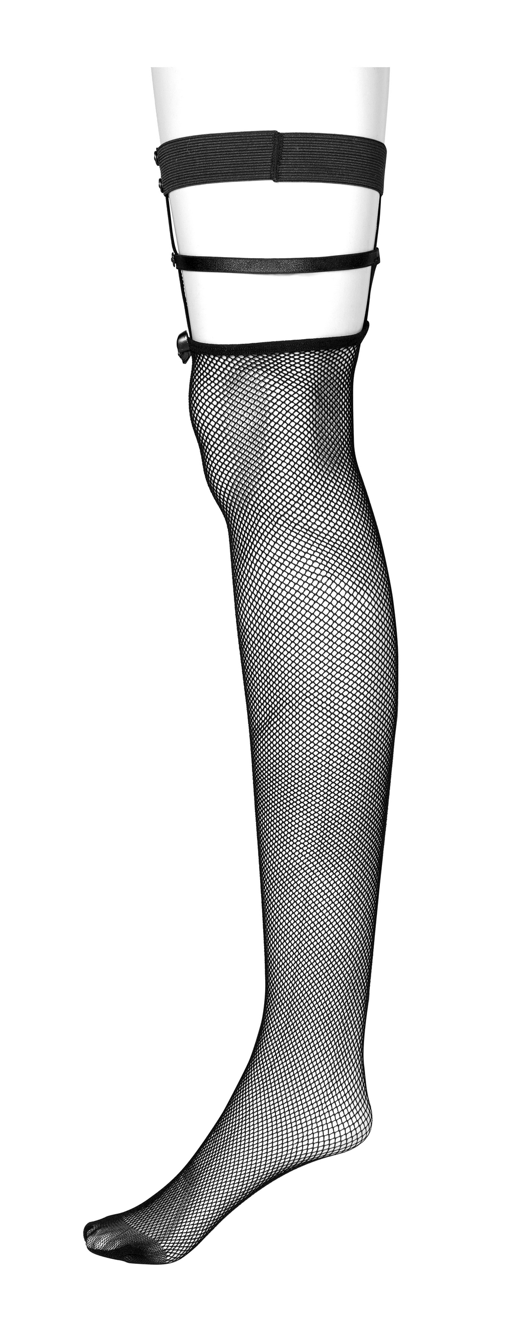Knee-high fishnet socks with skull rivets, featuring a dark design and punk vibe, perfect for bold fashion statements.