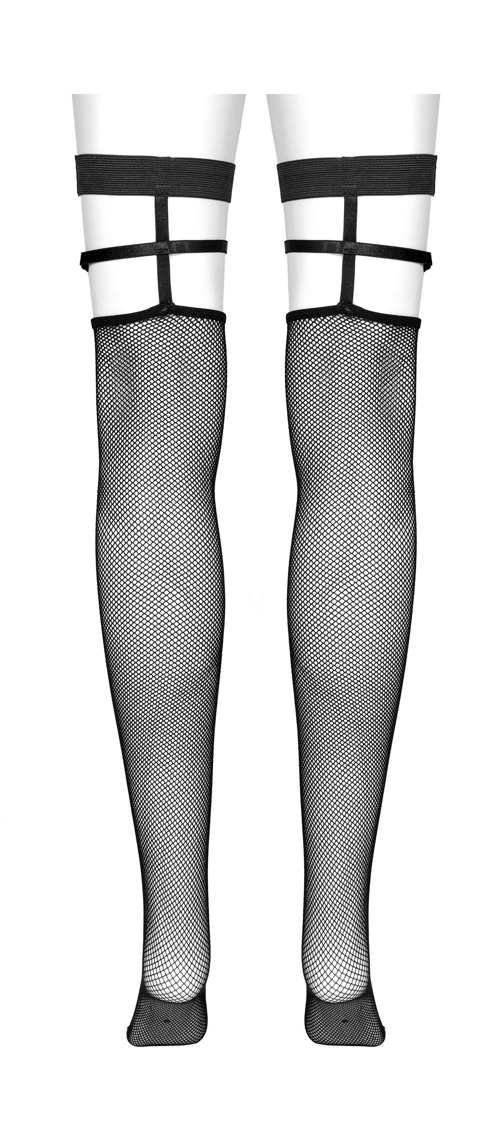 Edgy black knee-high fishnet socks with strappy design for a bold punk style.