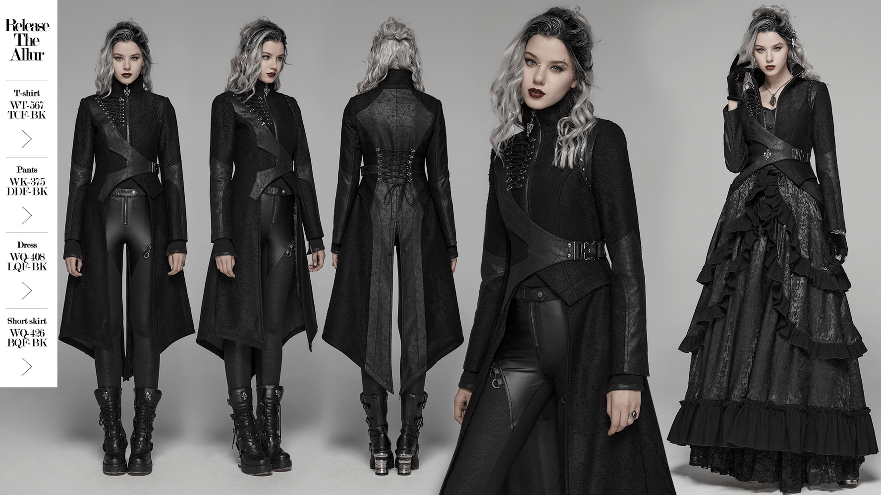 Edgy punk long coat with asymmetric design, adjustable waist, and sharp-angled hems in black.