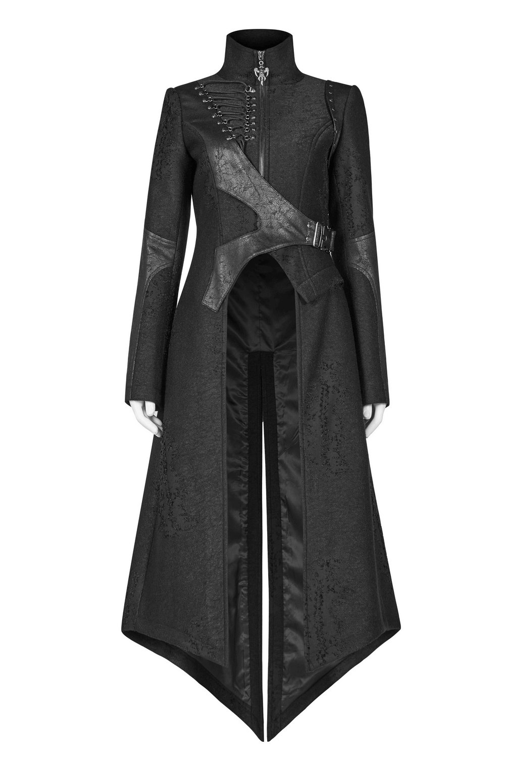 Edgy punk black long coat with asymmetric design, adjustable waist, and unique textured fabric.