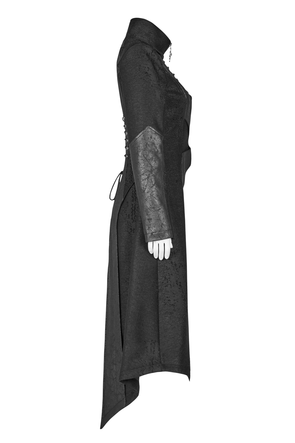 Edgy punk lace-up back long coat with asymmetric design and unique textured knit fabric.