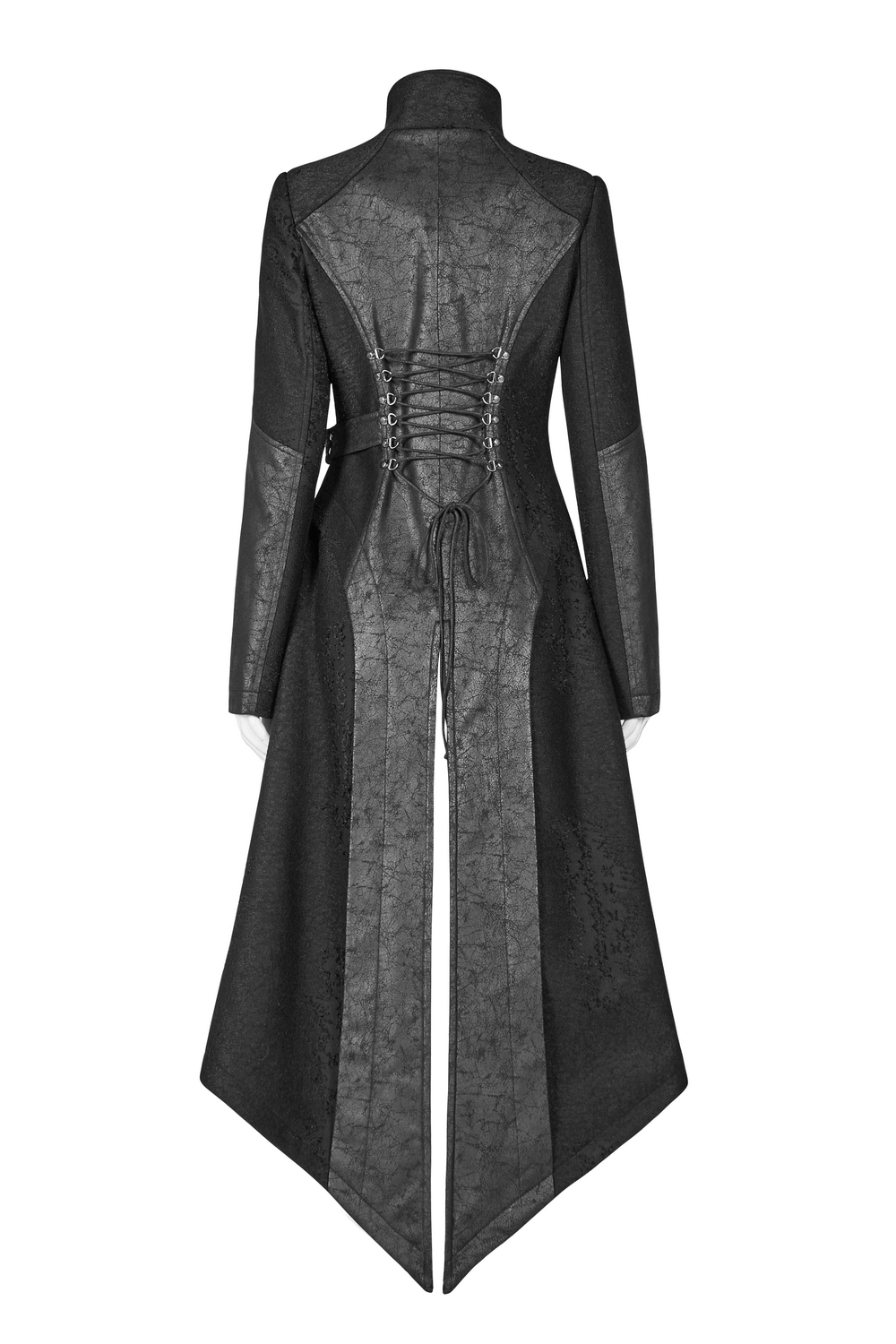 Back view of edgy punk lace-up black long coat with asymmetric design and adjustable waist.