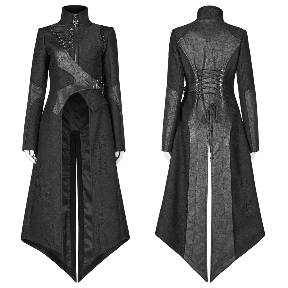 Edgy punk lace-up back long coat with asymmetric design and adjustable waist, showcasing unique crackle pattern.