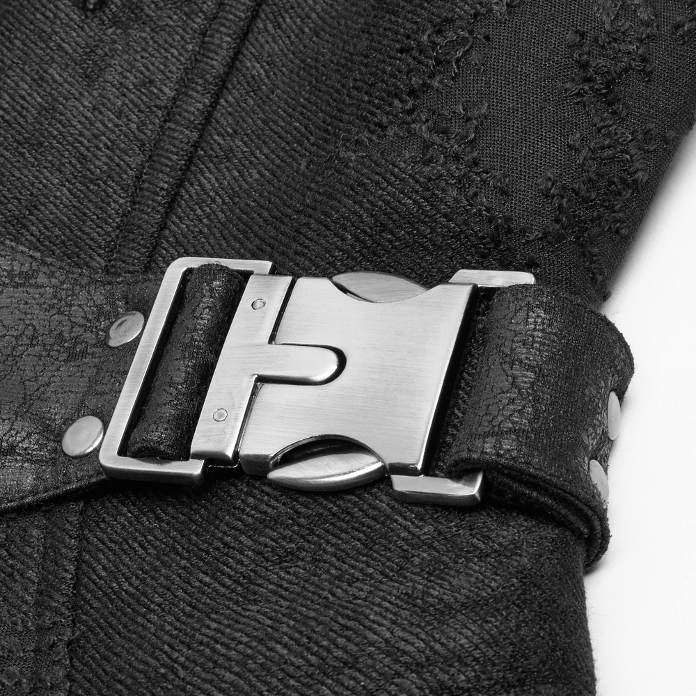 Close-up of a metallic buckle on a punk lace-up back long coat, showcasing an edgy design with textured fabric.