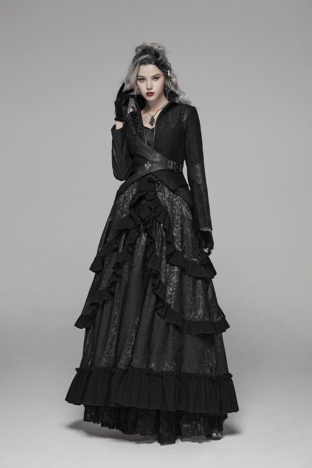 Edgy punk lace-up long coat with asymmetric design and ruffled skirt in black, perfect for a bold fashion statement.