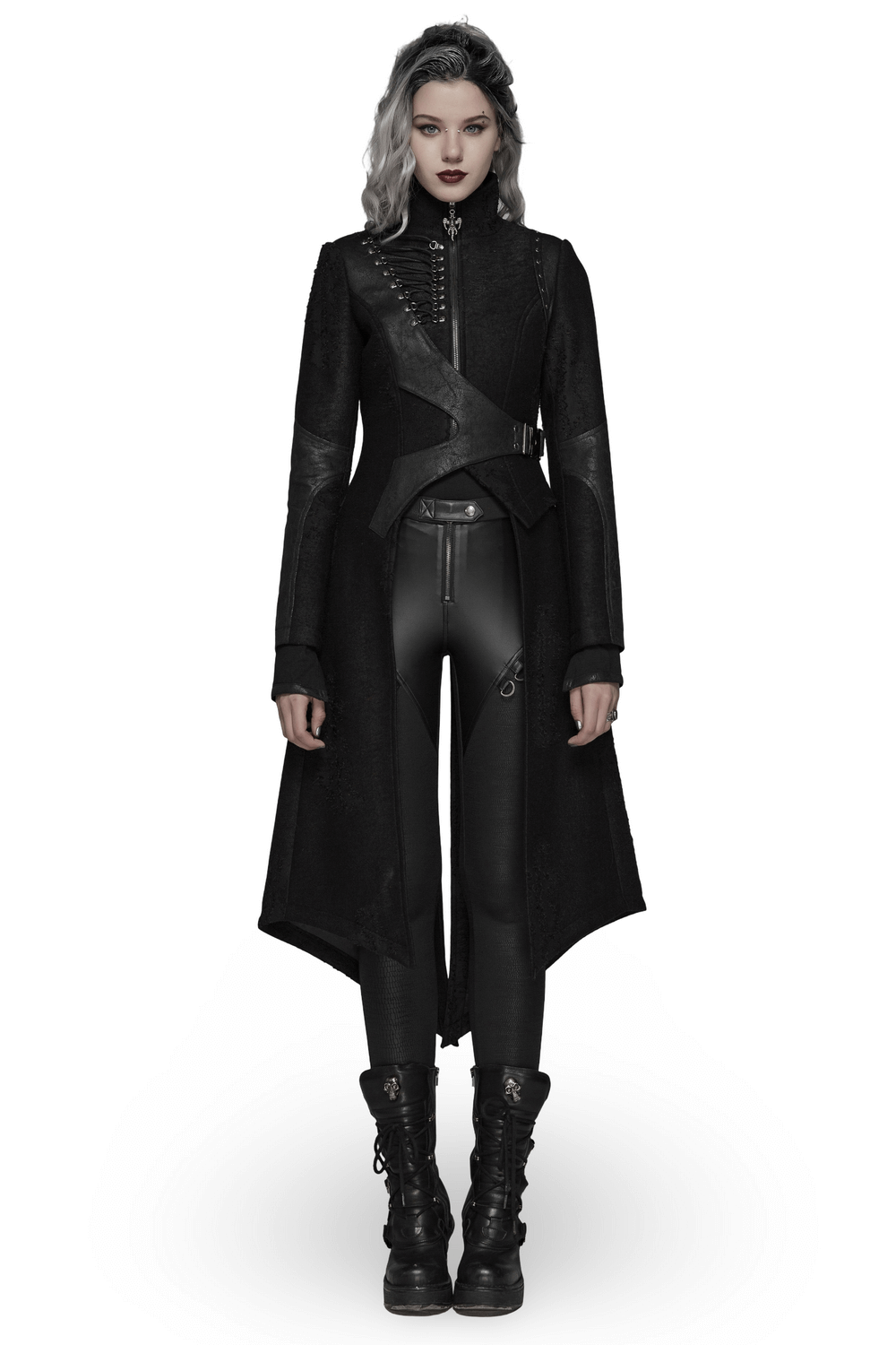 Edgy punk long coat with asymmetric design, adjustable waist, and unique textured fabric in a stylish black color.