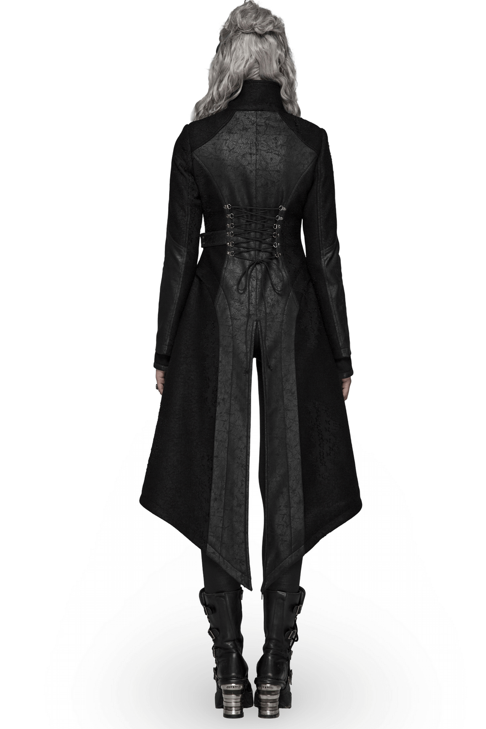 Back view of an edgy punk long coat with lace-up detailing and asymmetric hemline.