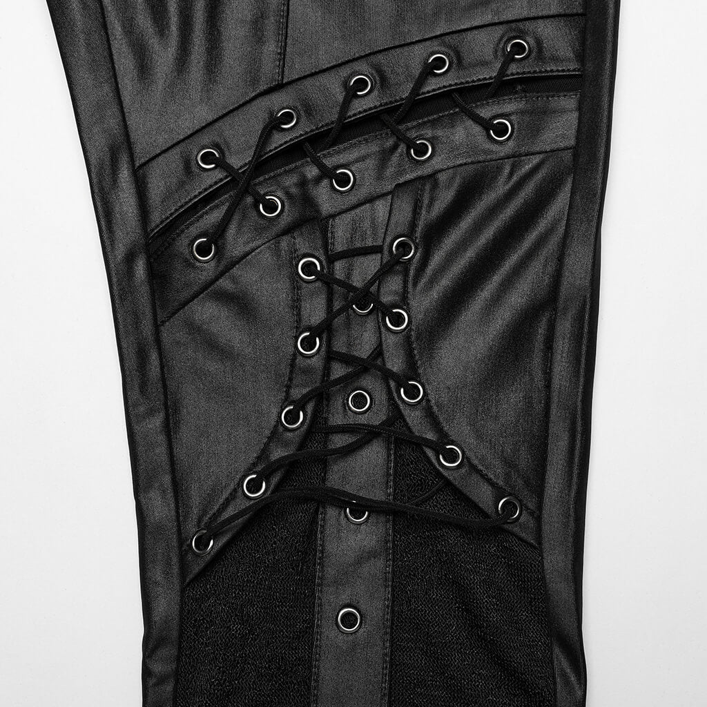 Close-up of edgy punk lace-up faux leather skinny pants, showcasing gothic style with stylish details and loops.