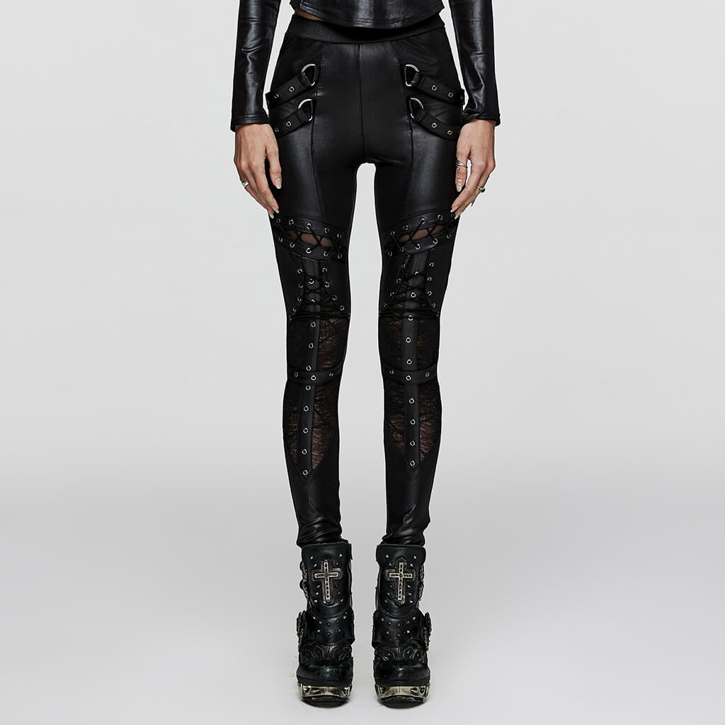 Edgy Punk Lace-Up Faux Leather Skinny Pants