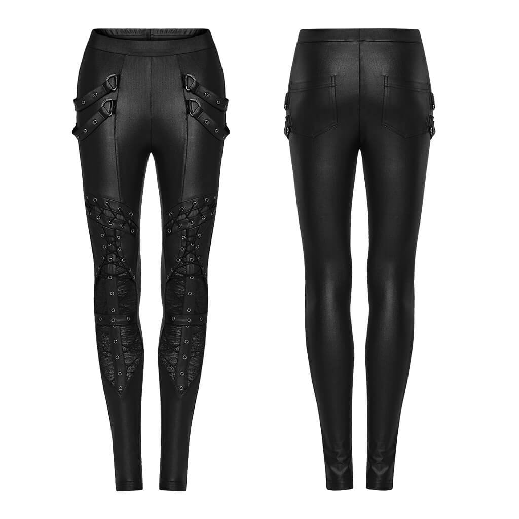 Edgy punk lace-up faux leather skinny pants with unique design and gothic style accents, front and back view.
