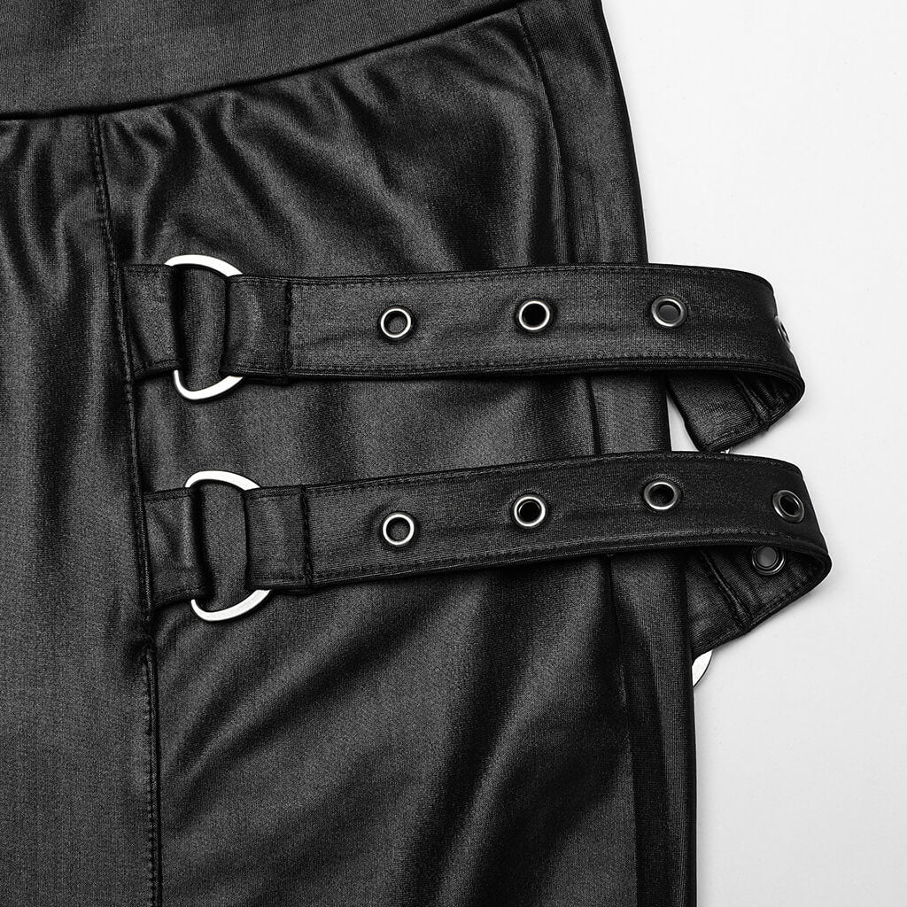 Detail of edgy punk lace-up faux leather skinny pants with buckle loops and eyelets, showcasing gothic style.