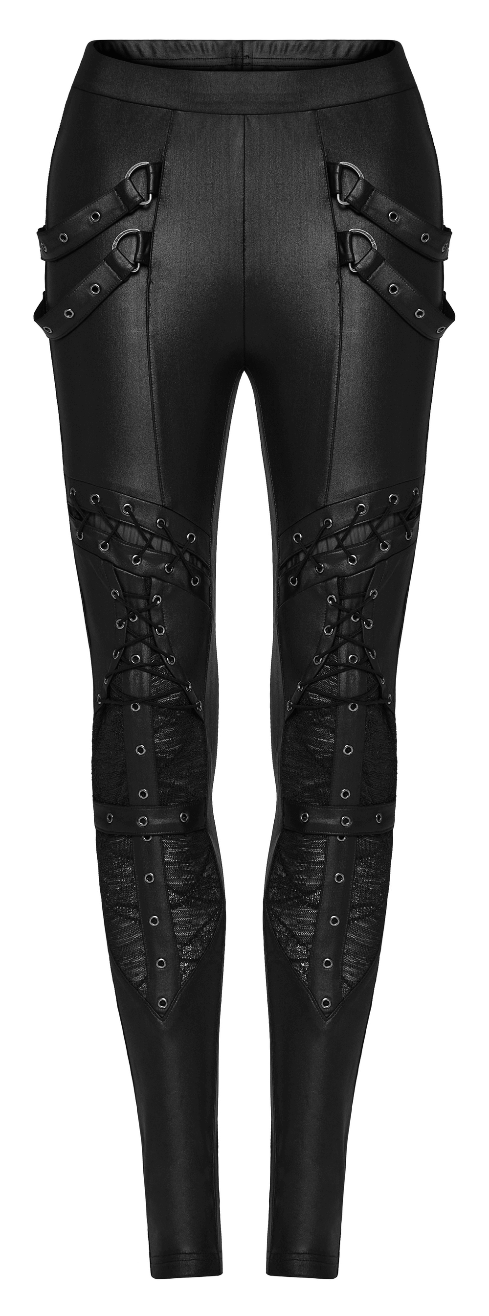 Edgy punk lace-up faux leather skinny pants showcasing gothic style with unique side loops and textured details.