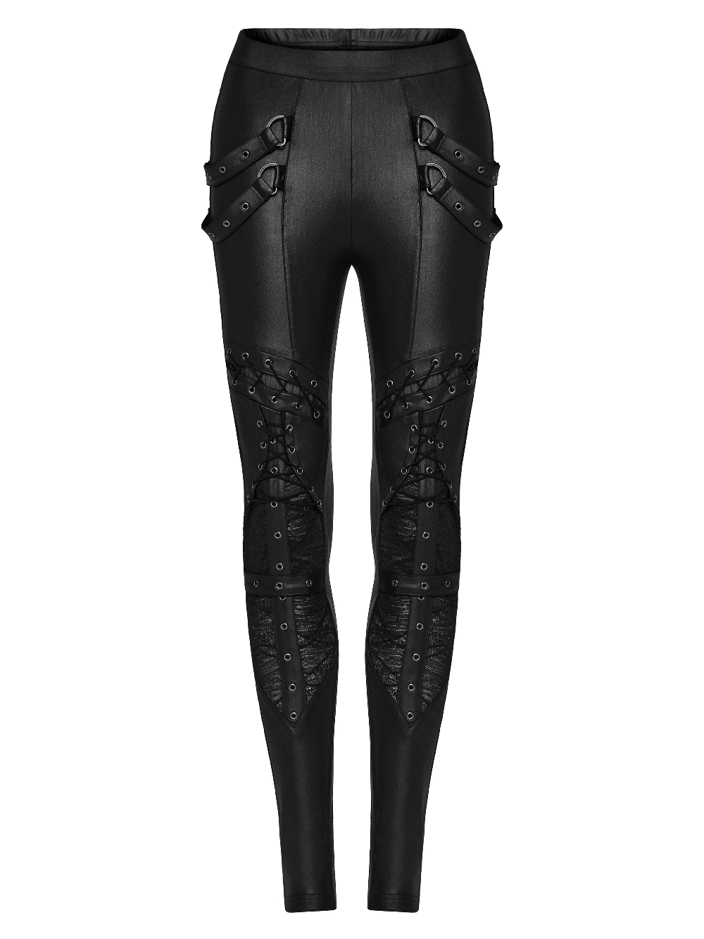 Edgy punk lace-up faux leather skinny pants showcasing gothic style with unique side loops and textured details.