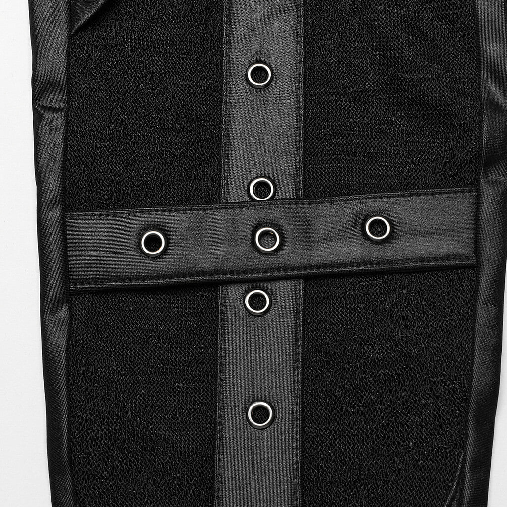 Close-up of edgy punk lace-up faux leather skinny pants, showcasing decorative side loops and textured knit design.