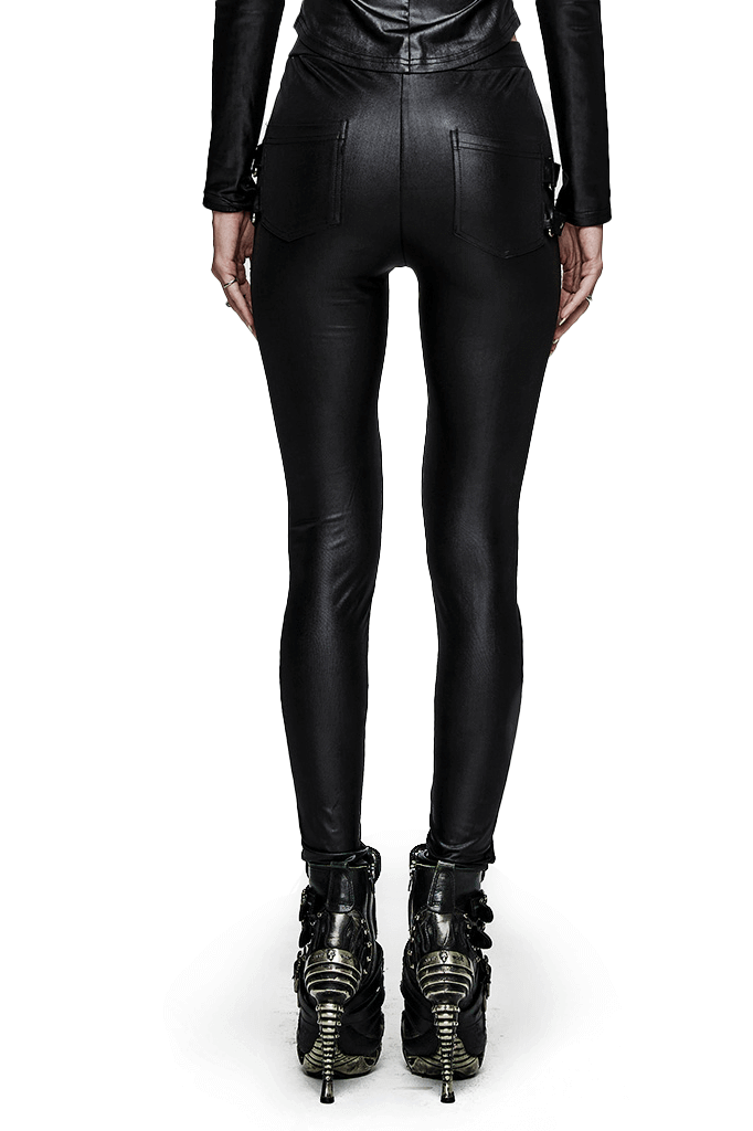 Edgy Punk Lace-Up Faux Leather Skinny Pants