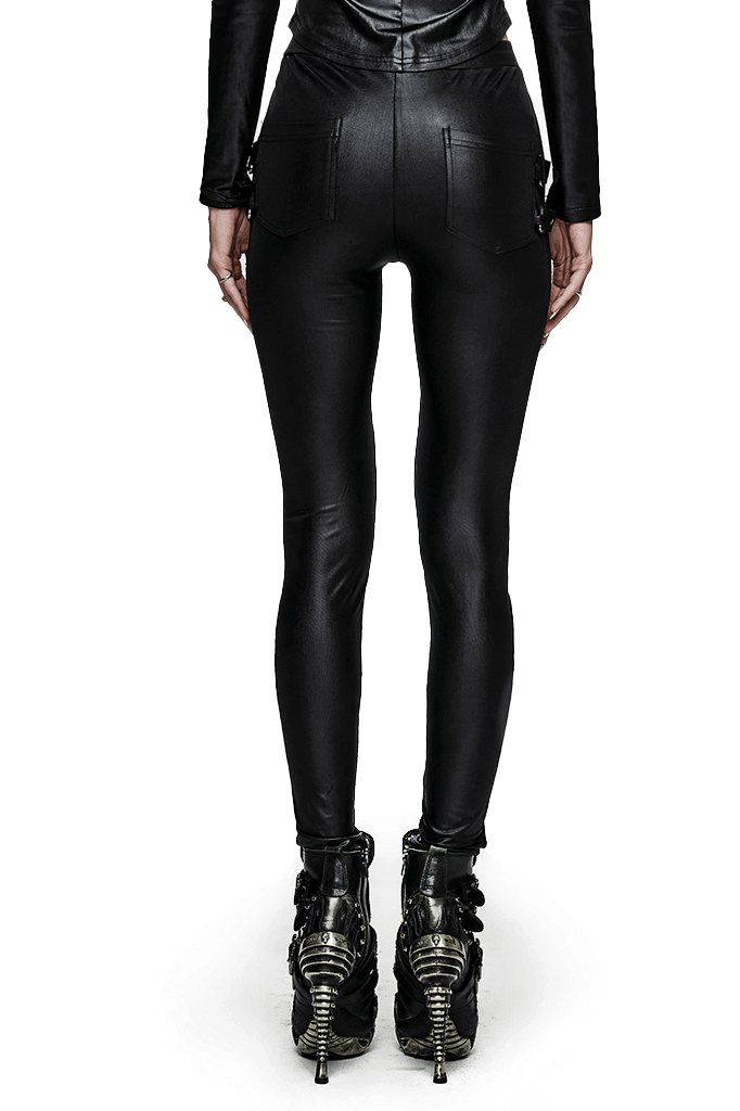 Back view of edgy punk lace-up faux leather skinny pants with unique gothic style design and decorative side loops.
