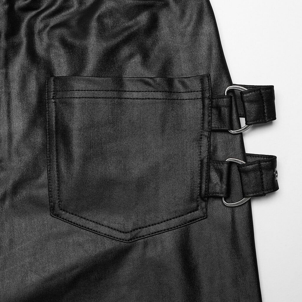 Close-up of punk lace-up faux leather skinny pants showing stylish buckle details and a sleek pocket design.