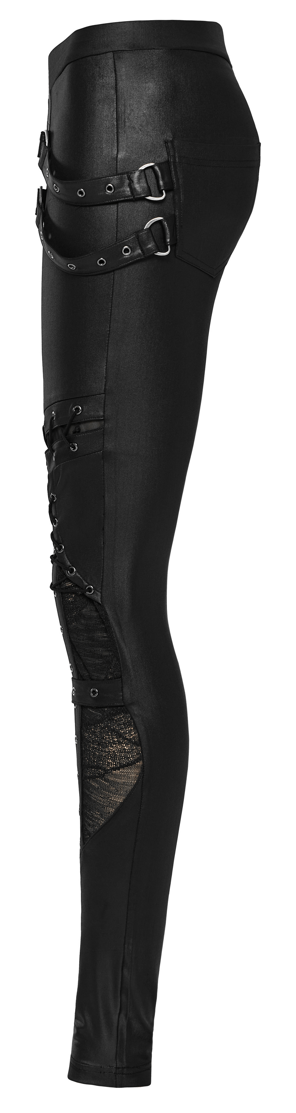 Edgy punk lace-up faux leather skinny pants featuring gothic style details and unique textured knit design.