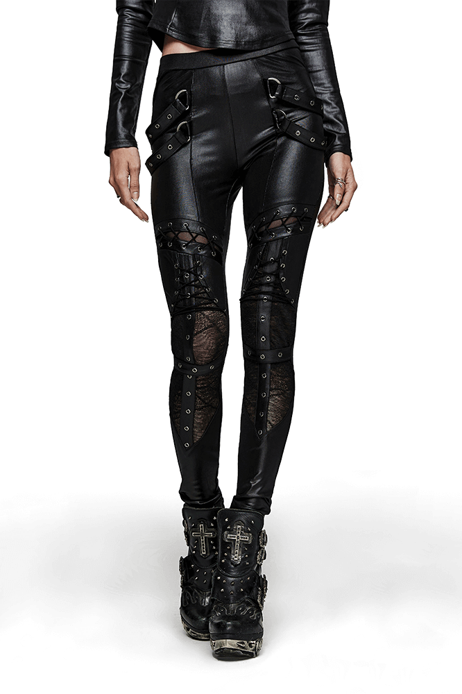 Edgy Punk Lace-Up Faux Leather Skinny Pants