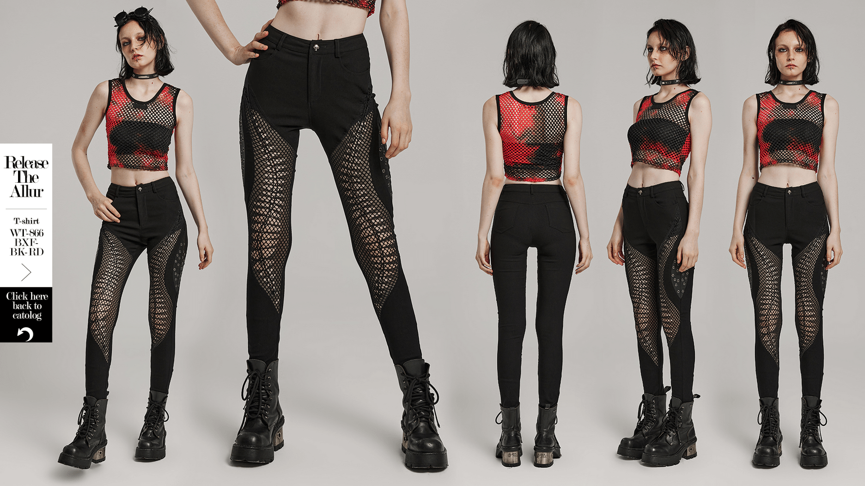 Edgy punk trousers featuring mesh patterns, elastic fabric, and unique detailing for a daring fashion statement.