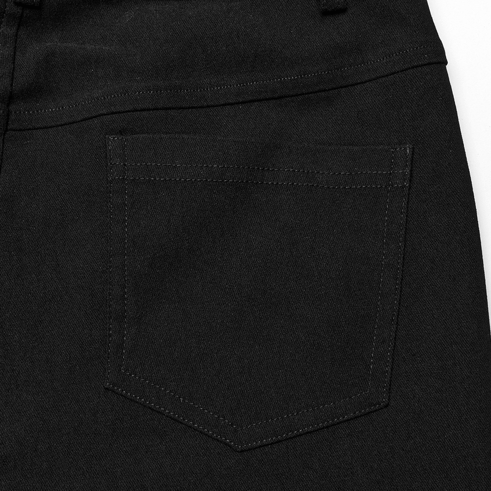 Close-up of the back pocket of black edgy punk trousers showcasing sleek design and stitching details.