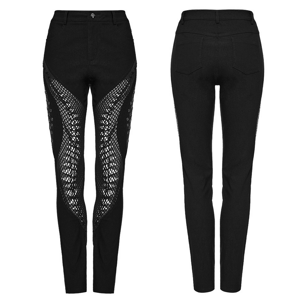 Edgy black trousers with mesh side panels, featuring a punk-inspired look and sleek elastic fabric for a bold statement.