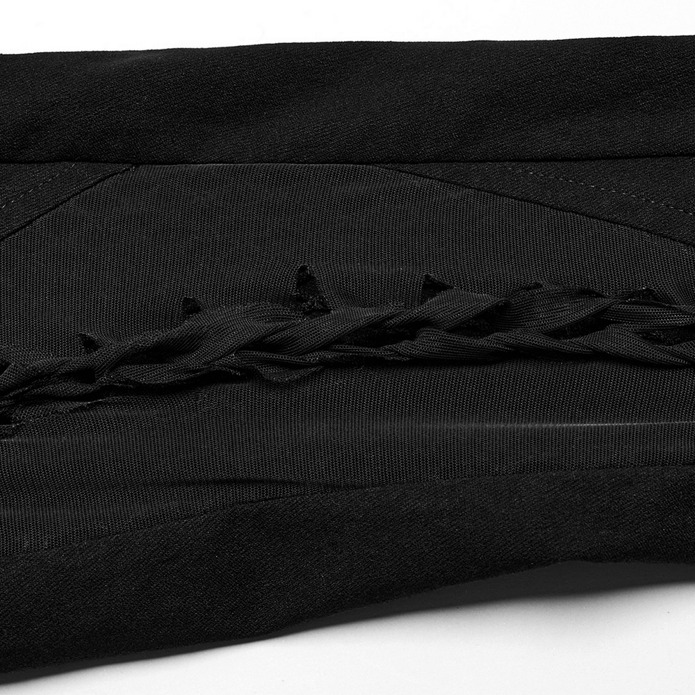 Close-up view of the woven braiding detail on edgy punk mesh trousers, highlighting unique style and texture.