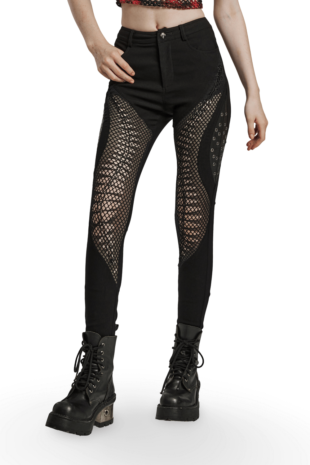 Edgy punk mesh trousers with unique burnt pattern and hollow accents, perfect for a bold street style look.