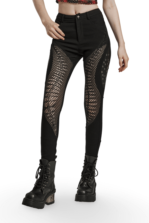 Edgy Punk Mesh Burnt Pattern and Hollow Trousers