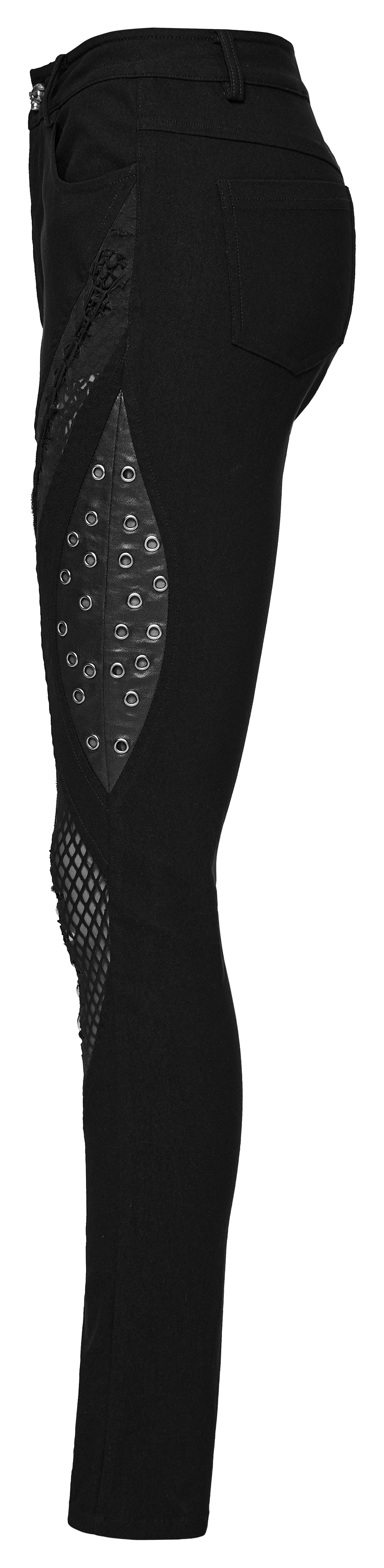 Edgy punk hollow trousers showcasing mesh details and unique burned pattern for a stylish, rebellious look.