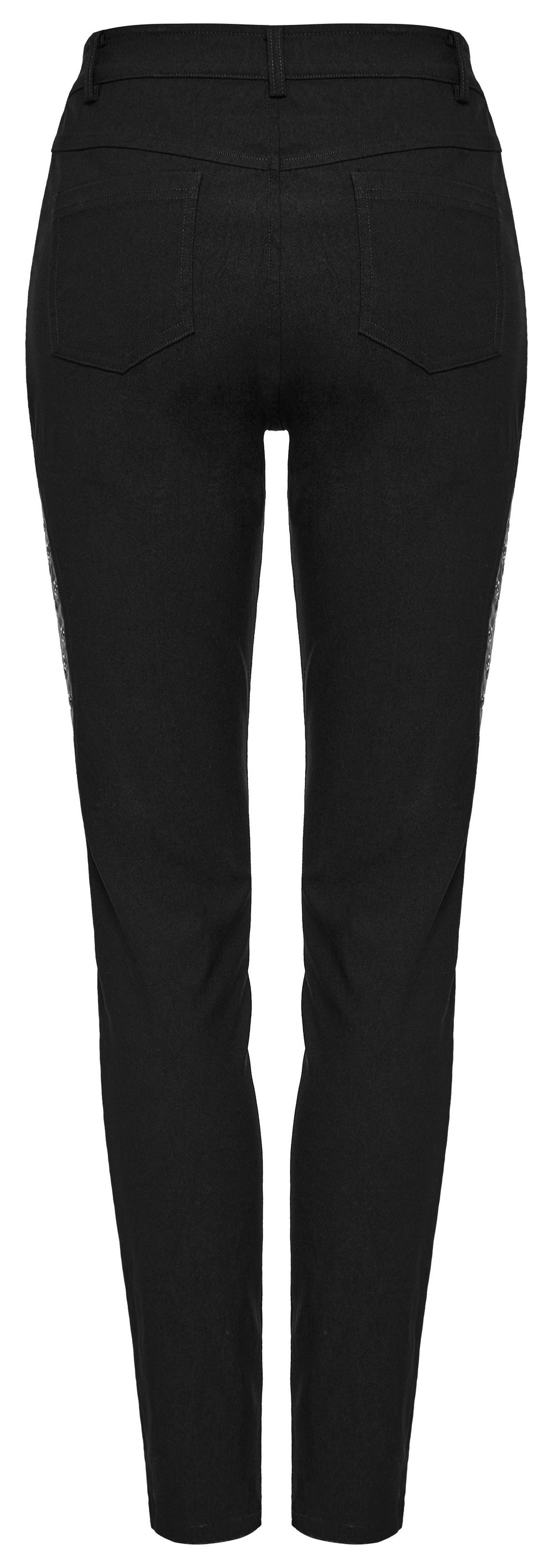 Back view of edgy punk mesh trousers, showcasing sleek silhouette and stylish design.