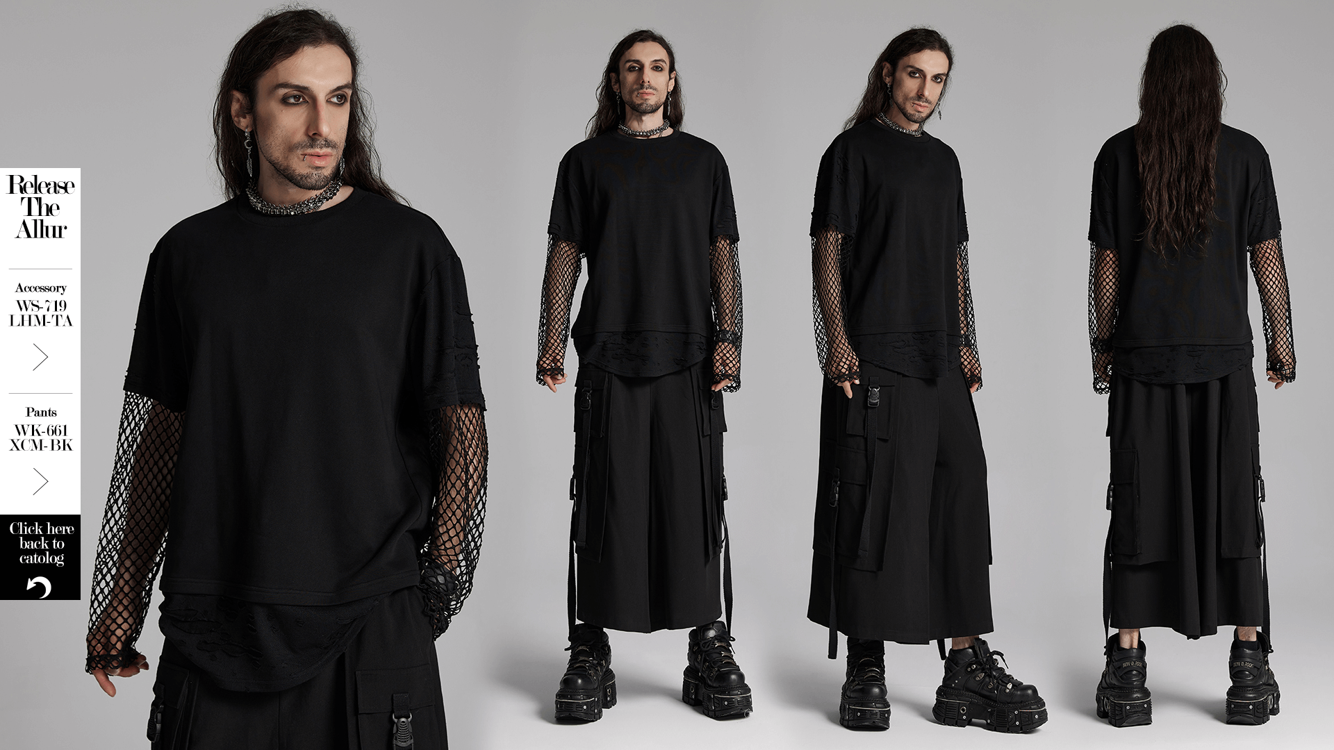 Edgy punk mesh-sleeved distressed top for men, featuring urban streetwear style with mesh panels and relaxed fit.