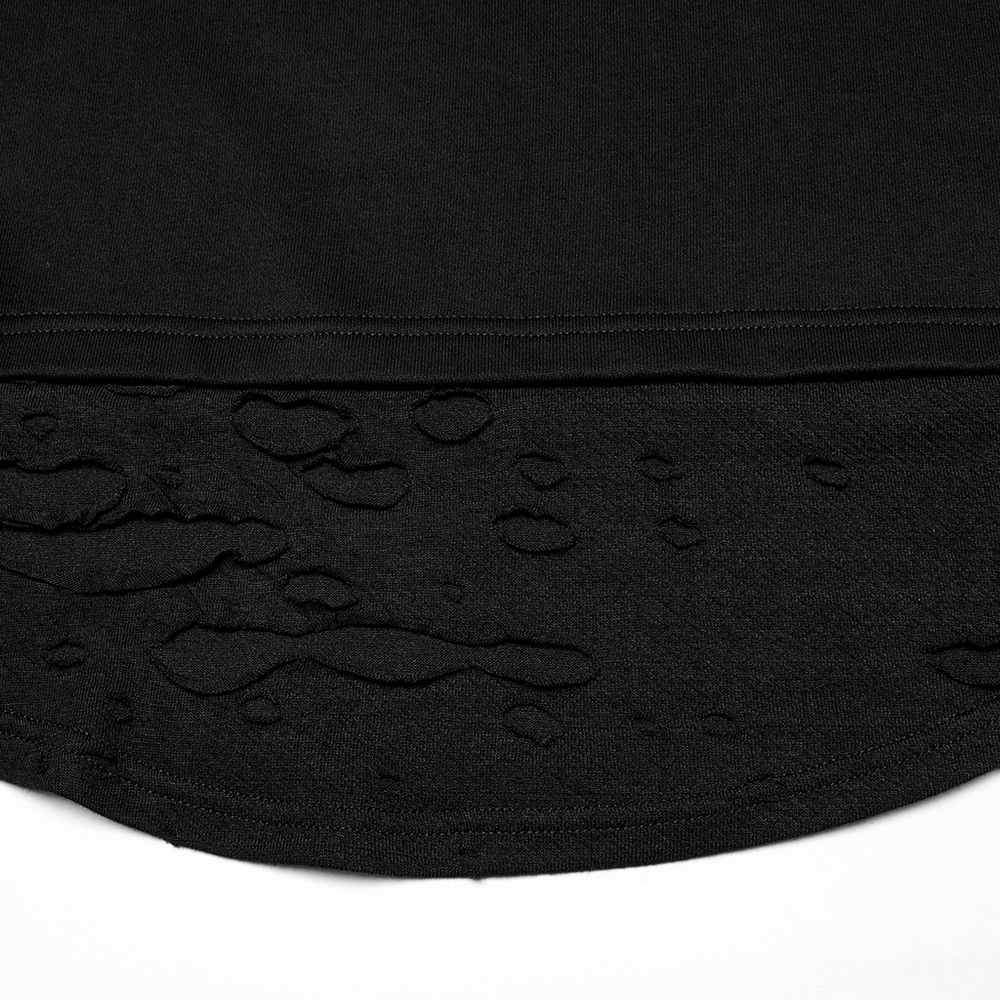 Close-up of distressed hem on black punk mesh-sleeved top for men, showcasing unique textured fabric and edgy streetwear style.