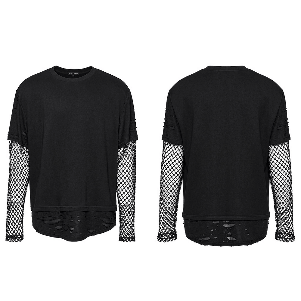 Edgy punk top with mesh sleeves and distressed hem, front and back view, for a bold urban streetwear look.