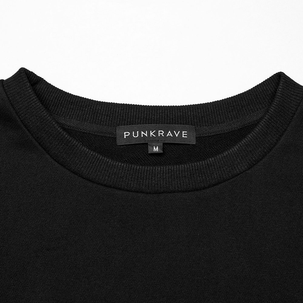 Close-up of Edgy Punk Distressed Top with Mesh Sleeves, showcasing the PunkRave label on black knit fabric.